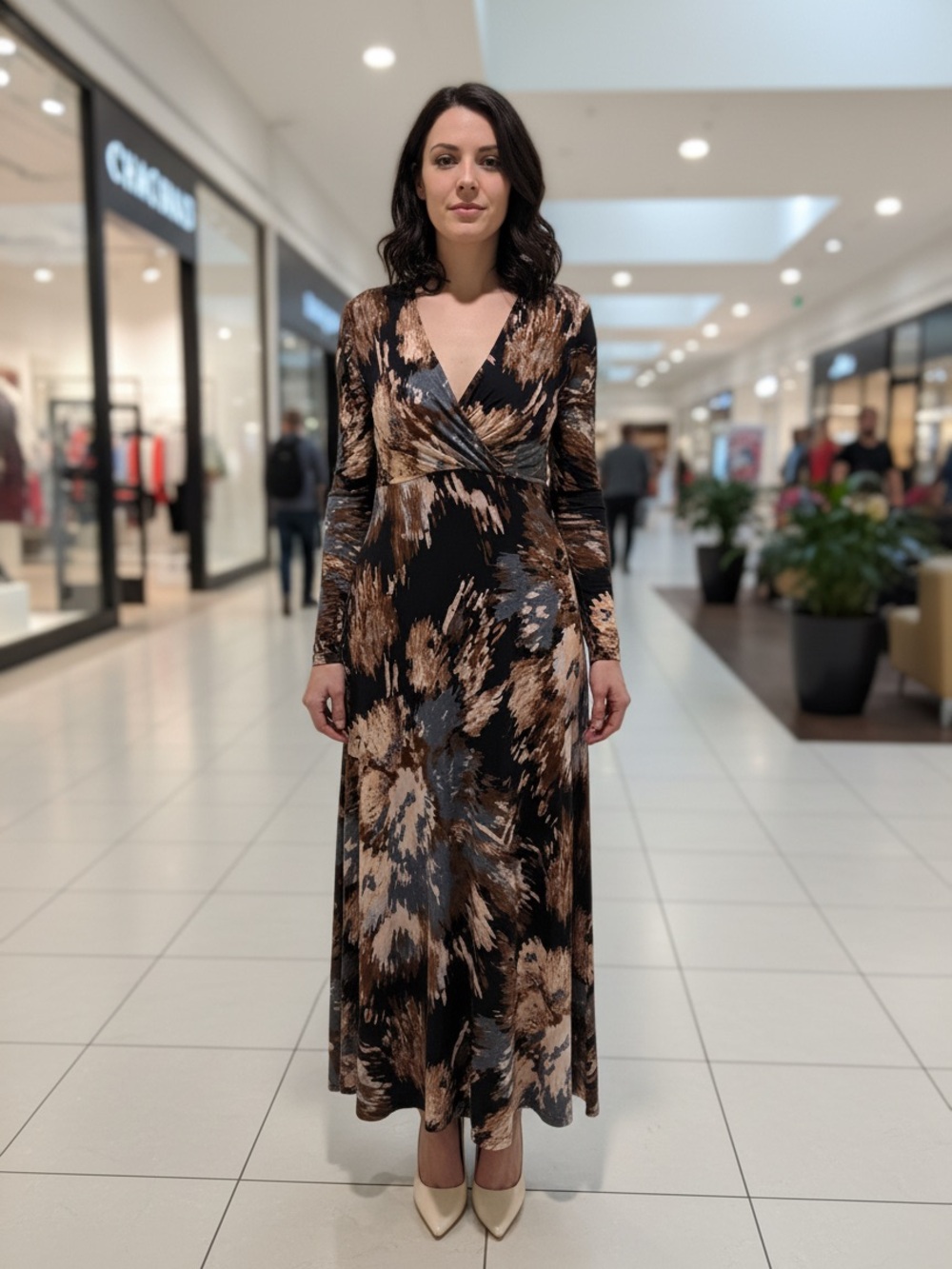 Veronica M Black Maxi Dress with Blush and Gray Abstract Print